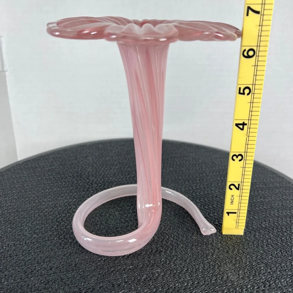 90s Pastel Pink Swirl Floral Art Glass Bud Vase Hand Blown Ruffled Flower Petals